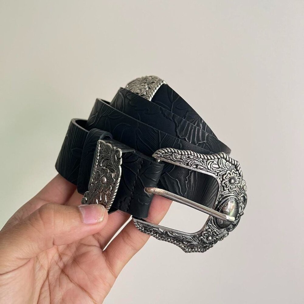 vintage style black American western floral silver boho belt